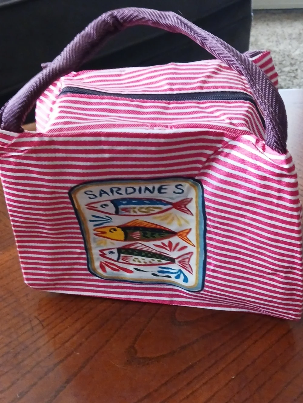 Pink Striped Tote Bag with Sardines Design